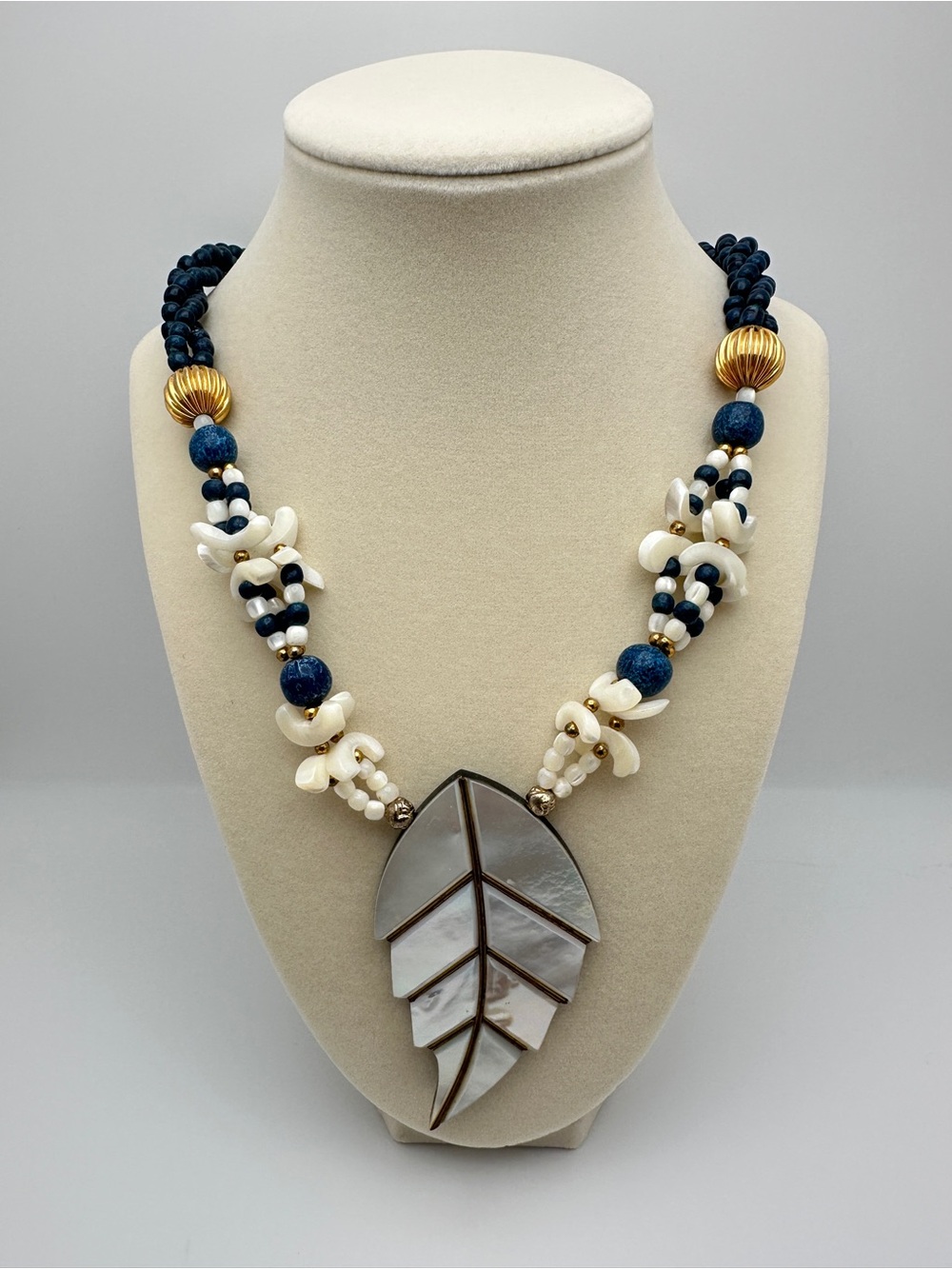 Navy Blue and White Leaf Pendant Beaded Statemebt Necklace